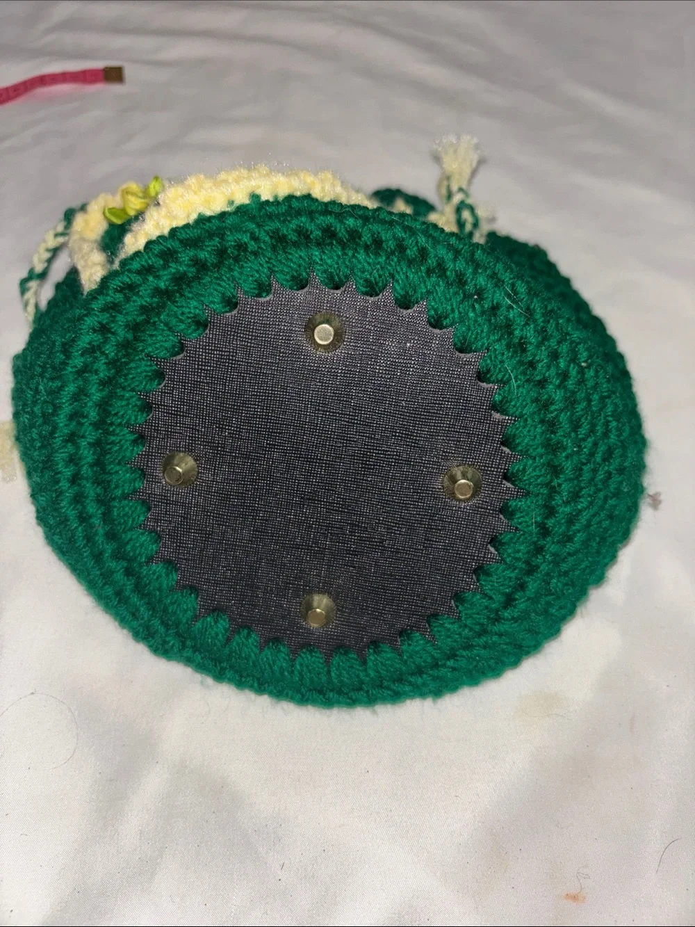 Handcrafted Green Crochet Drawstring hand Bag with Pearl Handle fairy floral